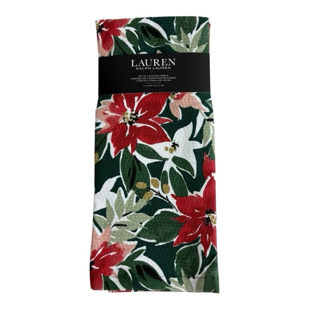 Ralph Lauren Christmas Kitchen Dish Towels Set of 3 (2 Poinsettias & 1 Red) NEW